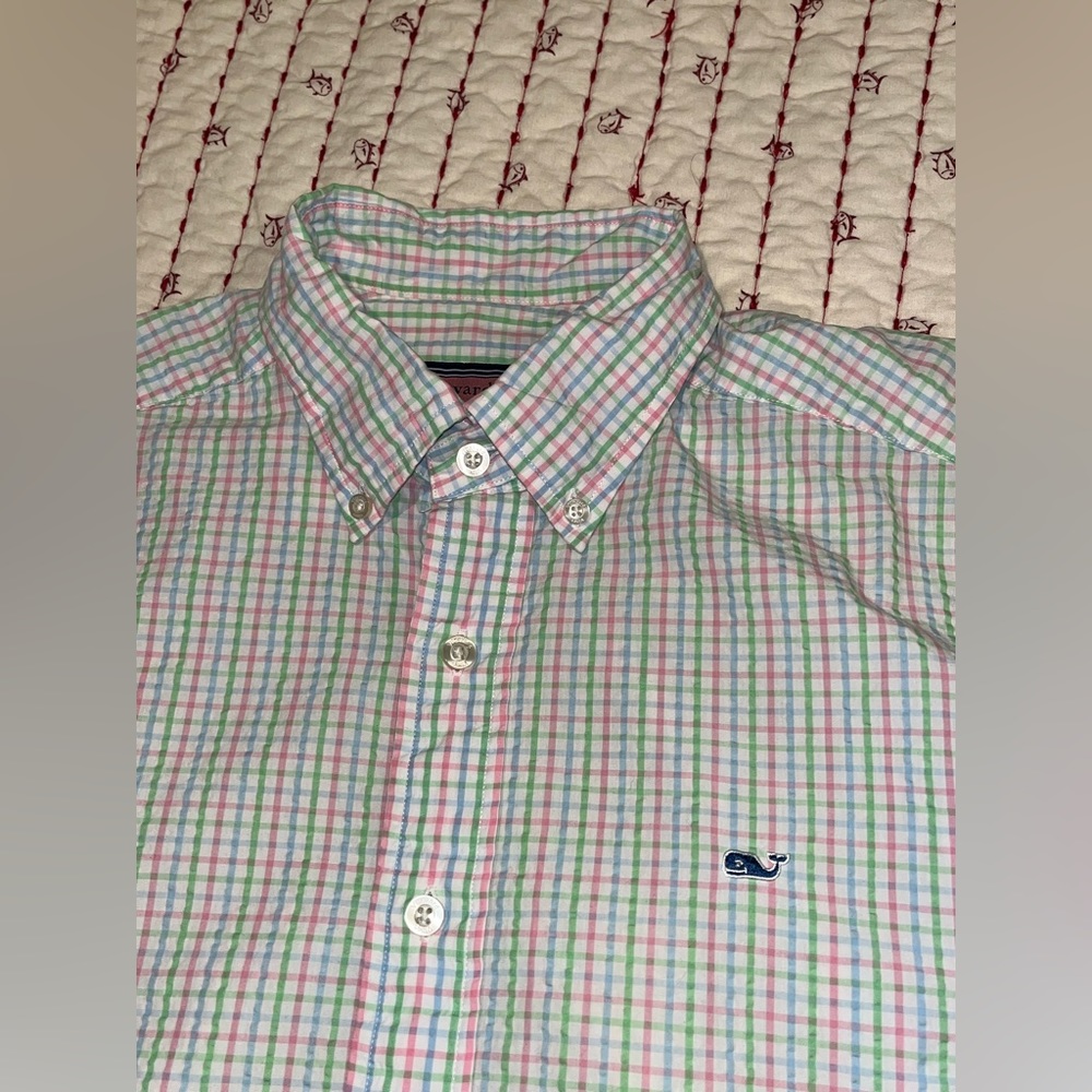 Vineyard Vines Seersucker Whale Shirt Derby Men’s Small White/Pink/Blue/Green